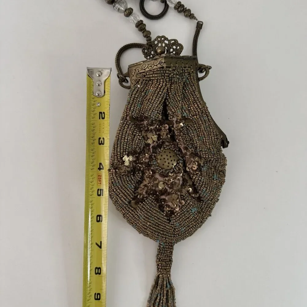 Antique 1920s Glass Beaded Victorian Flapper Purse Ornate Metal Frame W/ Mirror